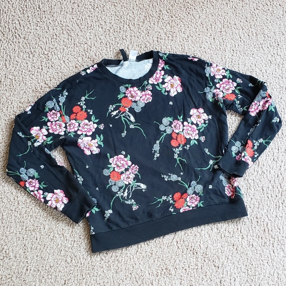 Super Cute H&M Cotton Sweatshirt Black with Pretty Pink Red Green Floral Flowers - Picture 1 of 12